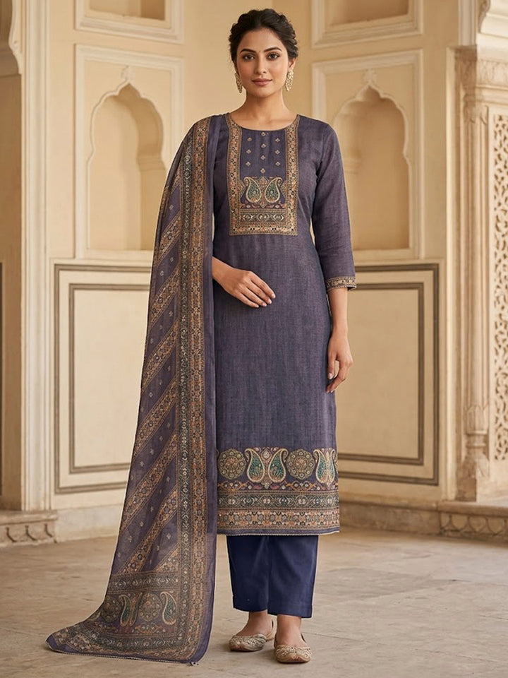 Purple Chanderi Embroidered Unstitched Dress Material