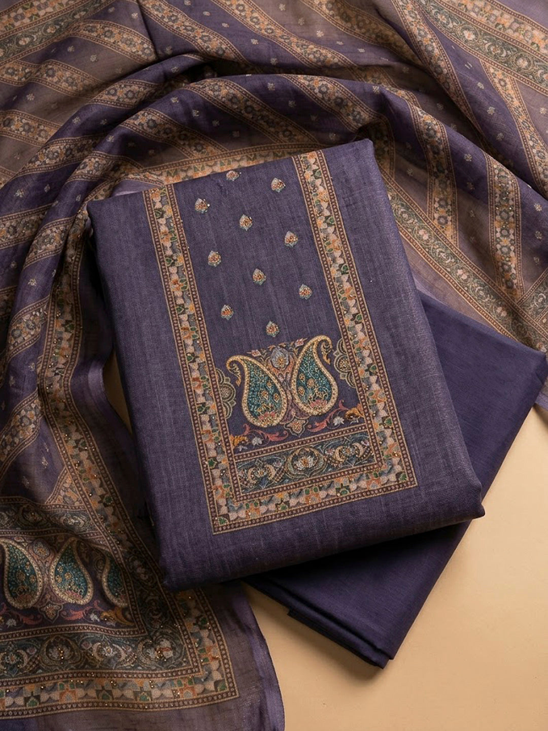 Purple Chanderi Embroidered Unstitched Dress Material