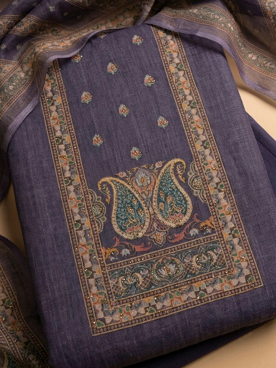 Purple Chanderi Embroidered Unstitched Dress Material