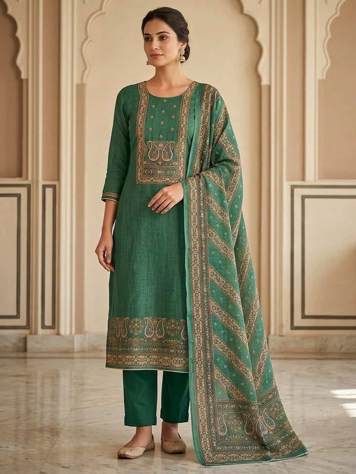 Sea Green Chanderi Embroidered Unstitched Dress Material