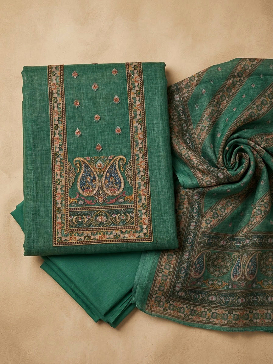 Sea Green Chanderi Embroidered Unstitched Dress Material