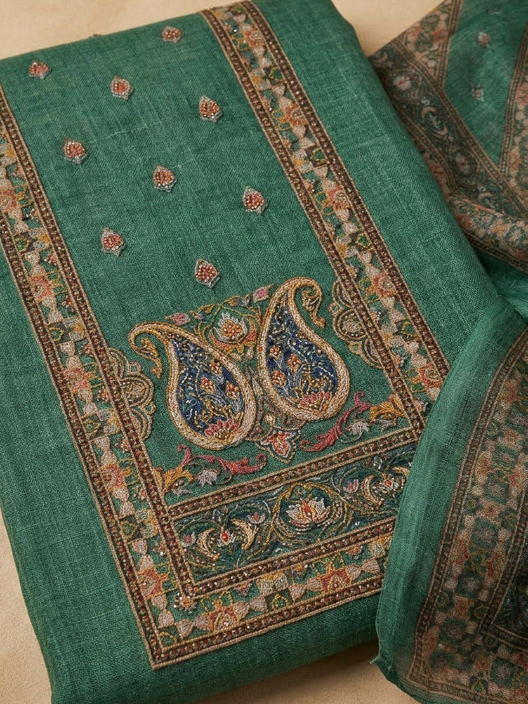 Sea Green Chanderi Embroidered Unstitched Dress Material