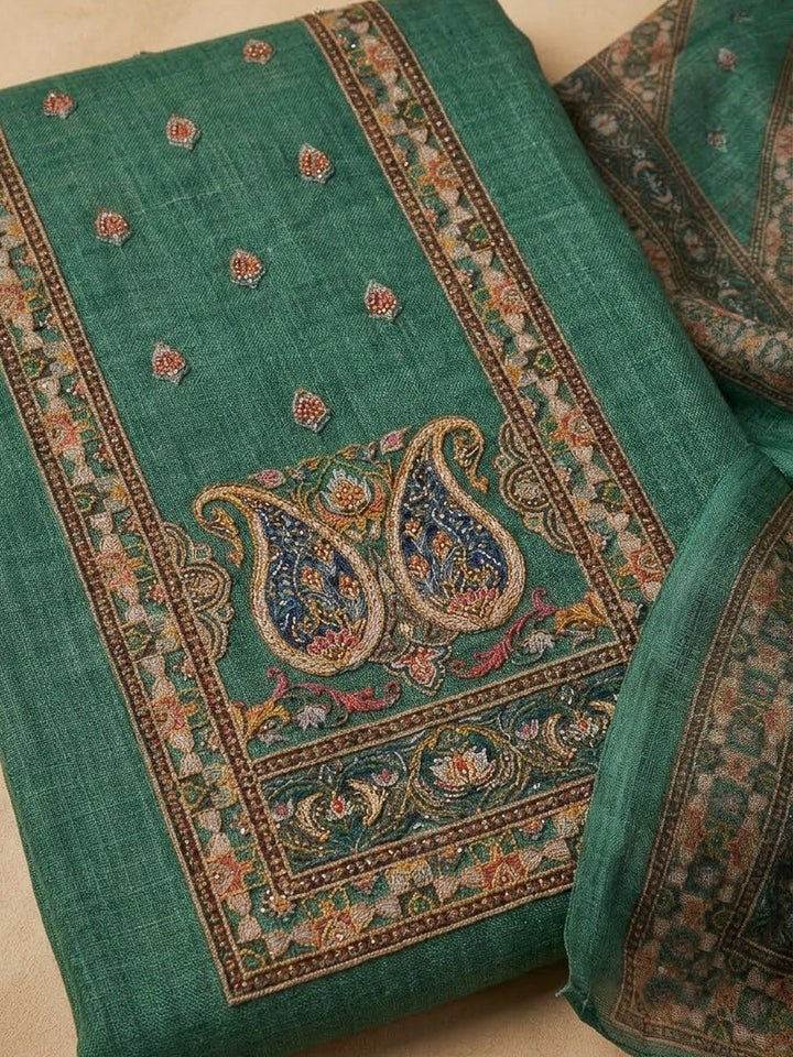 Sea Green Chanderi Embroidered Unstitched Dress Material