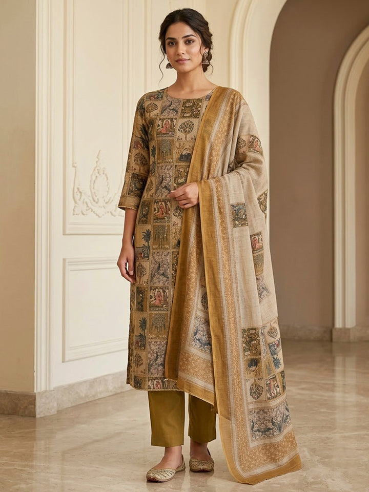 Beige Linen Blend Printed Unstitched Dress Material