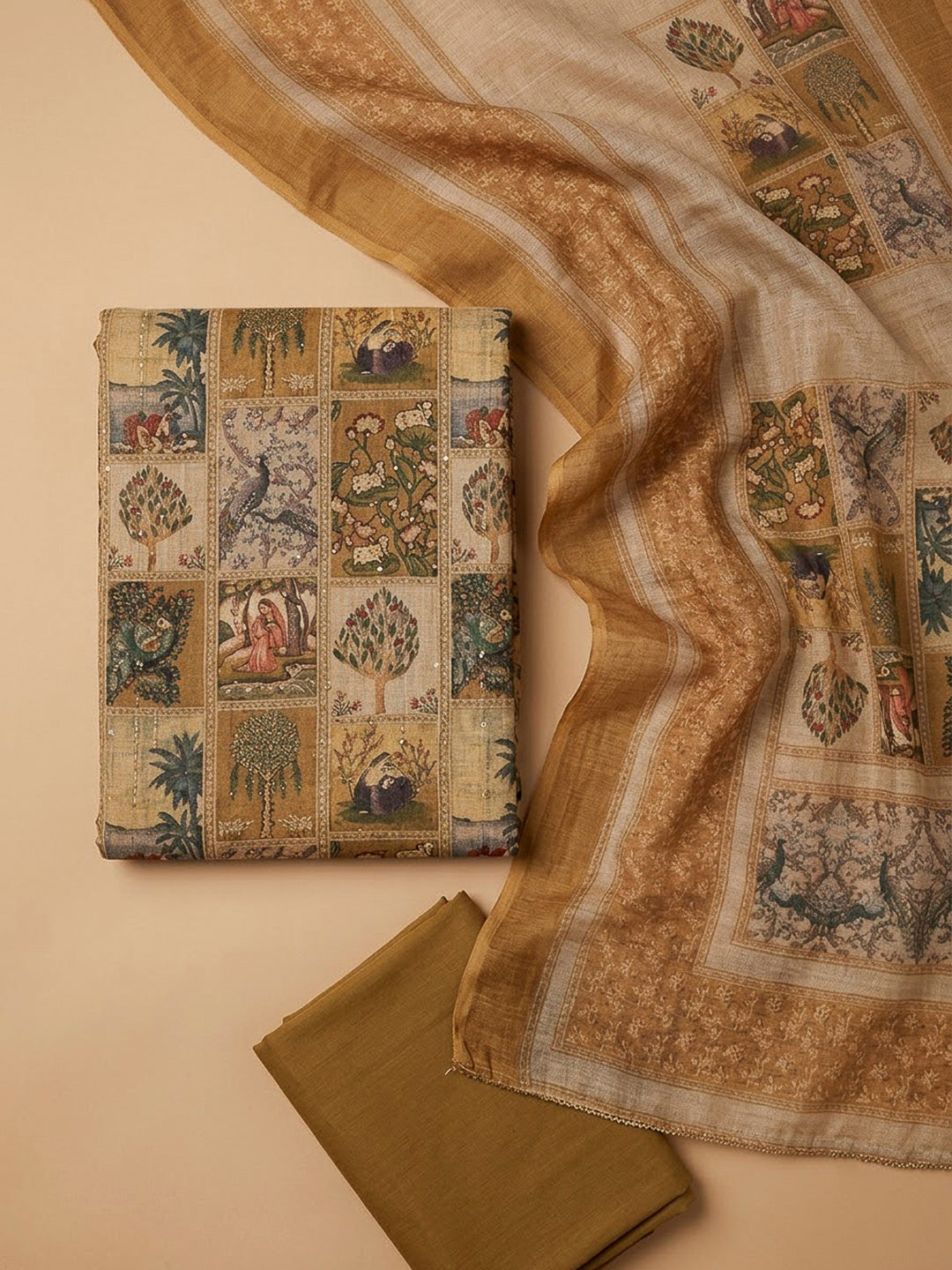 Beige Linen Blend Printed Unstitched Dress Material