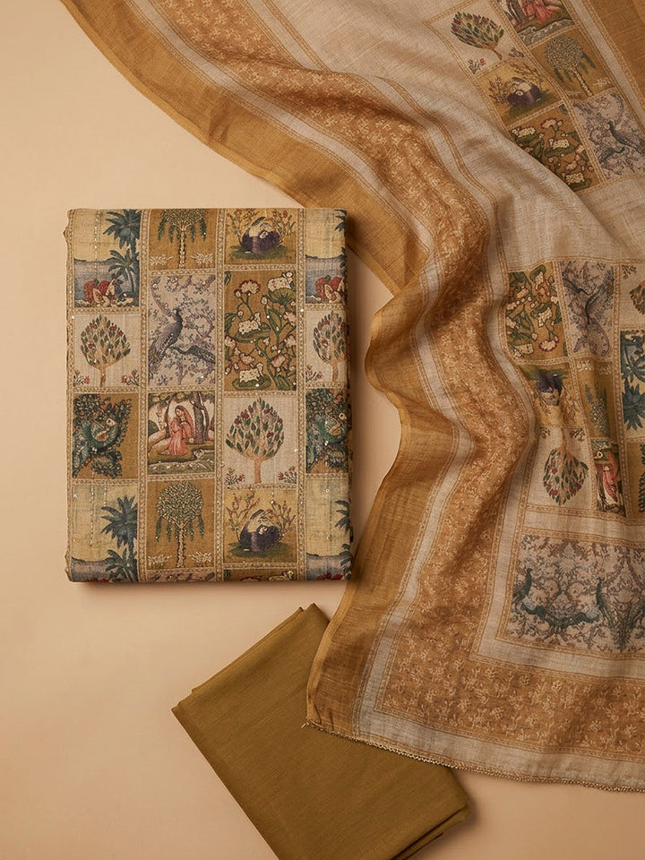 Beige Linen Blend Printed Unstitched Dress Material