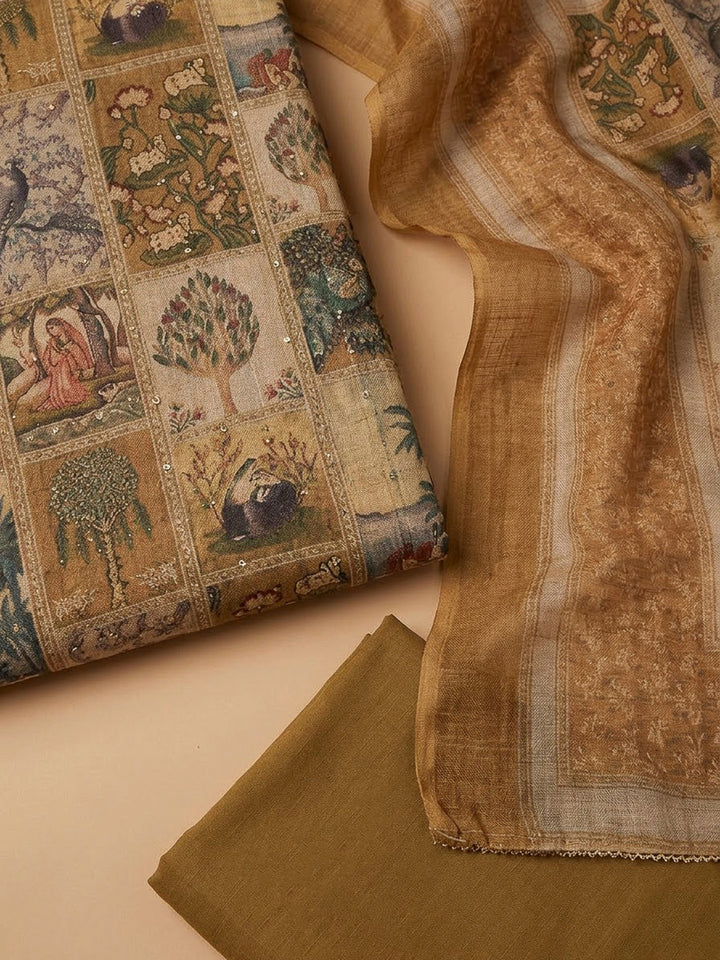 Beige Linen Blend Printed Unstitched Dress Material