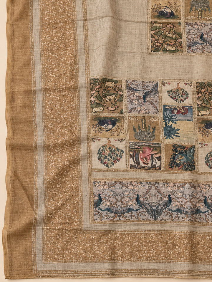 Beige Linen Blend Printed Unstitched Dress Material