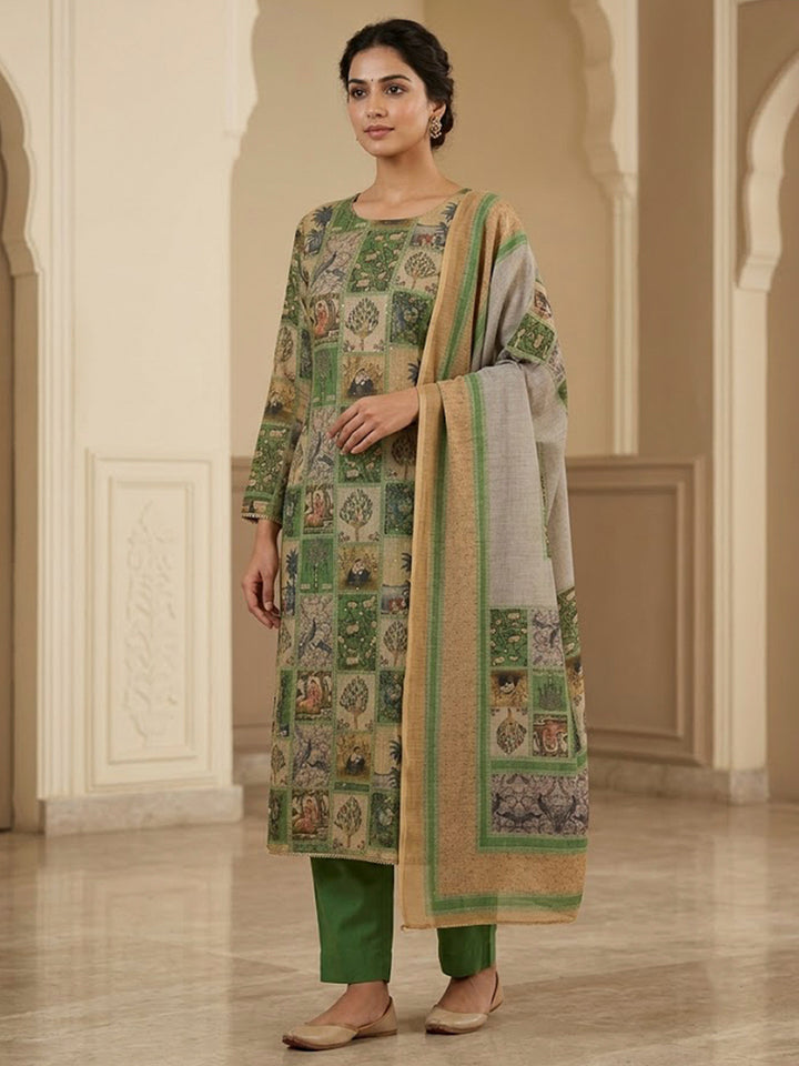 Green Linen Blend Printed Unstitched Dress Material