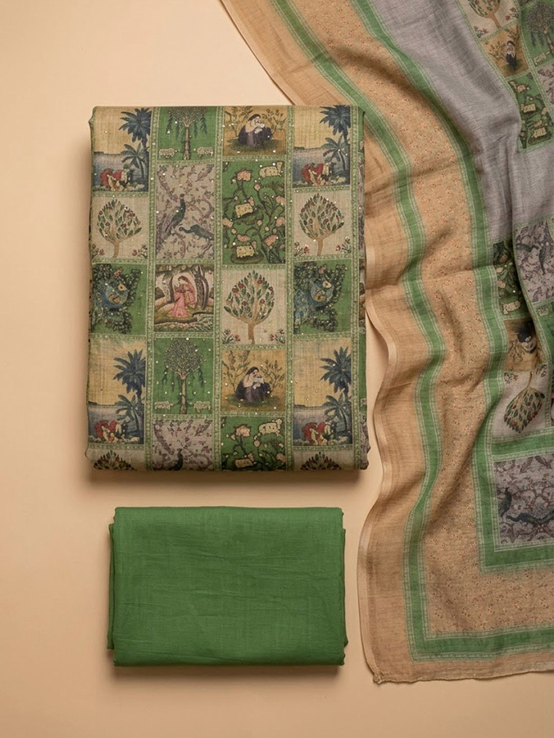 Green Linen Blend Printed Unstitched Dress Material