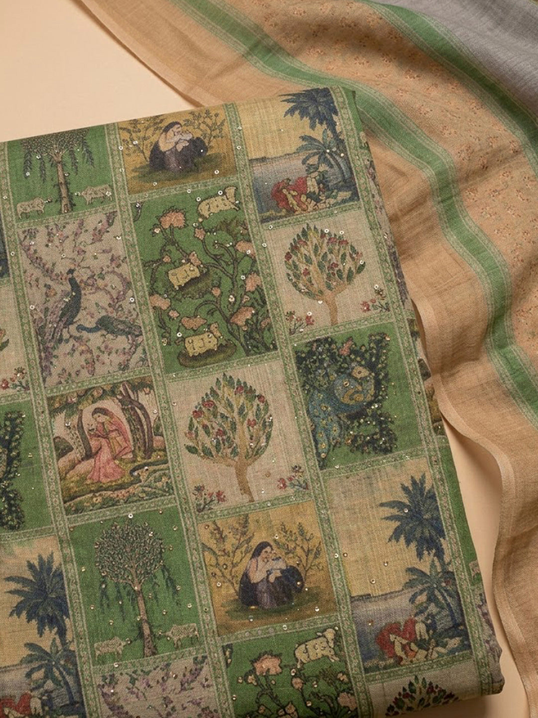 Green Linen Blend Printed Unstitched Dress Material