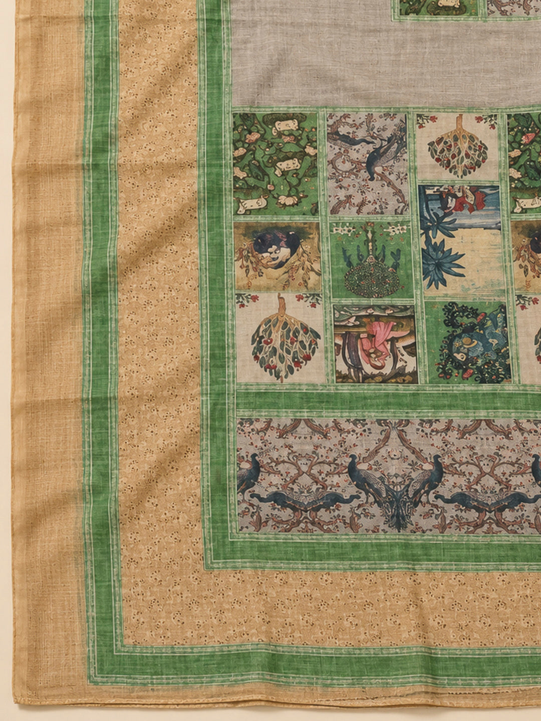 Green Linen Blend Printed Unstitched Dress Material
