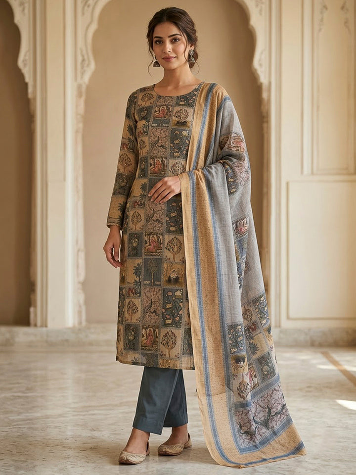 Grey Linen Blend Printed Unstitched Dress Material