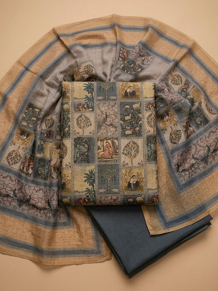 Grey Linen Blend Printed Unstitched Dress Material