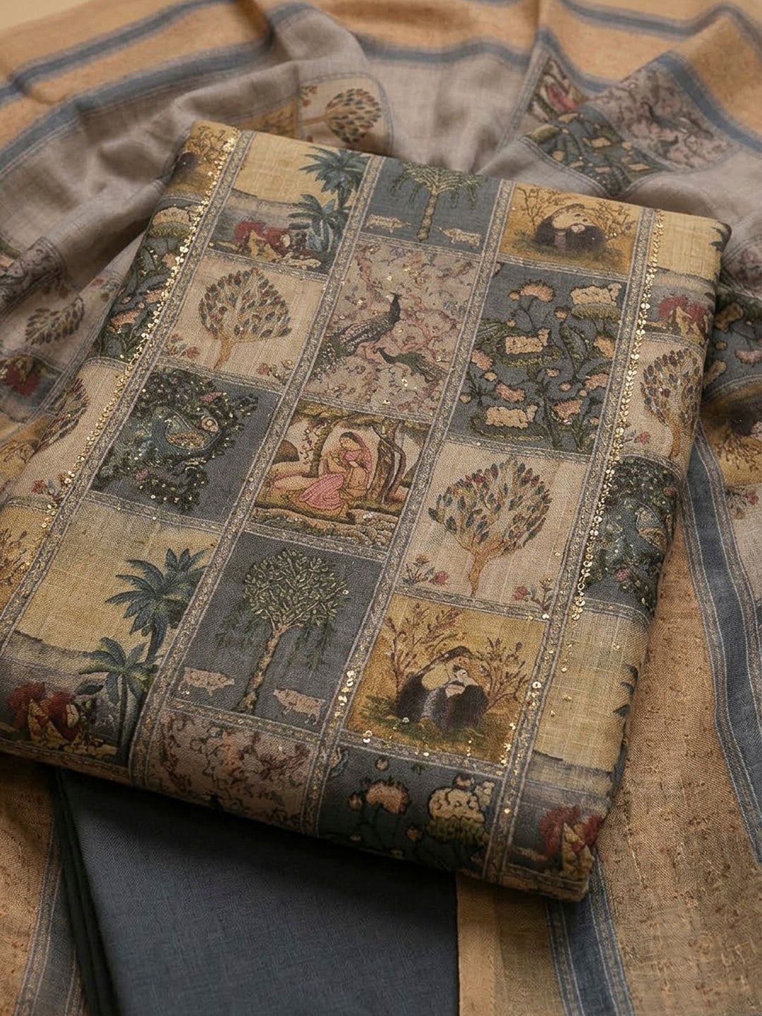 Grey Linen Blend Printed Unstitched Dress Material