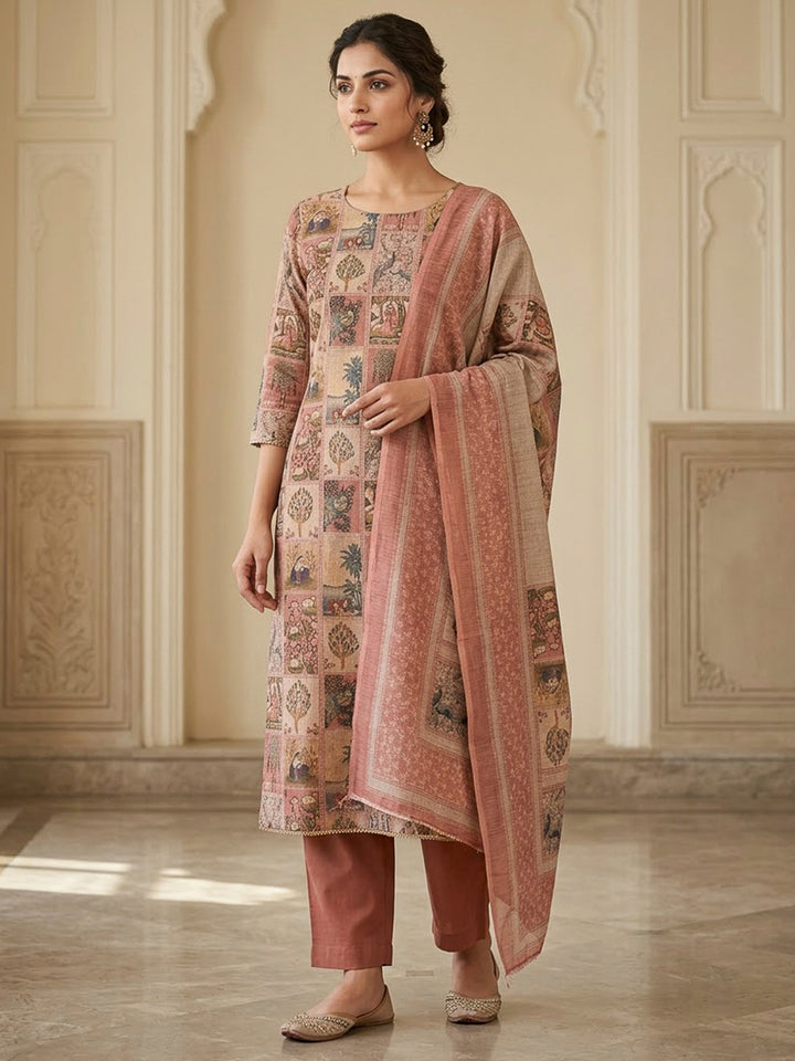 Onion Pink Linen Blend Printed Unstitched Dress Material