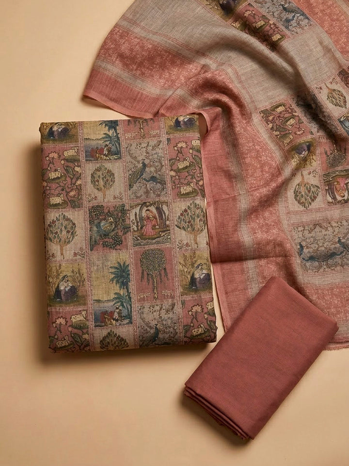 Onion Pink Linen Blend Printed Unstitched Dress Material