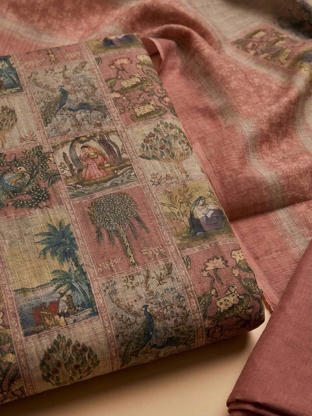 Onion Pink Linen Blend Printed Unstitched Dress Material