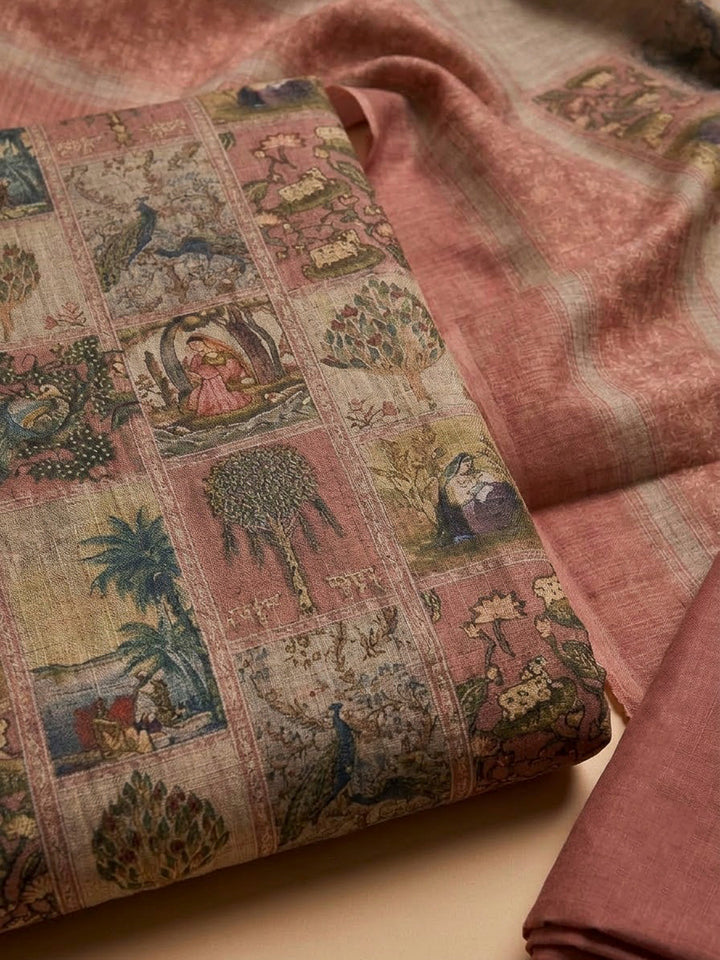 Onion Pink Linen Blend Printed Unstitched Dress Material