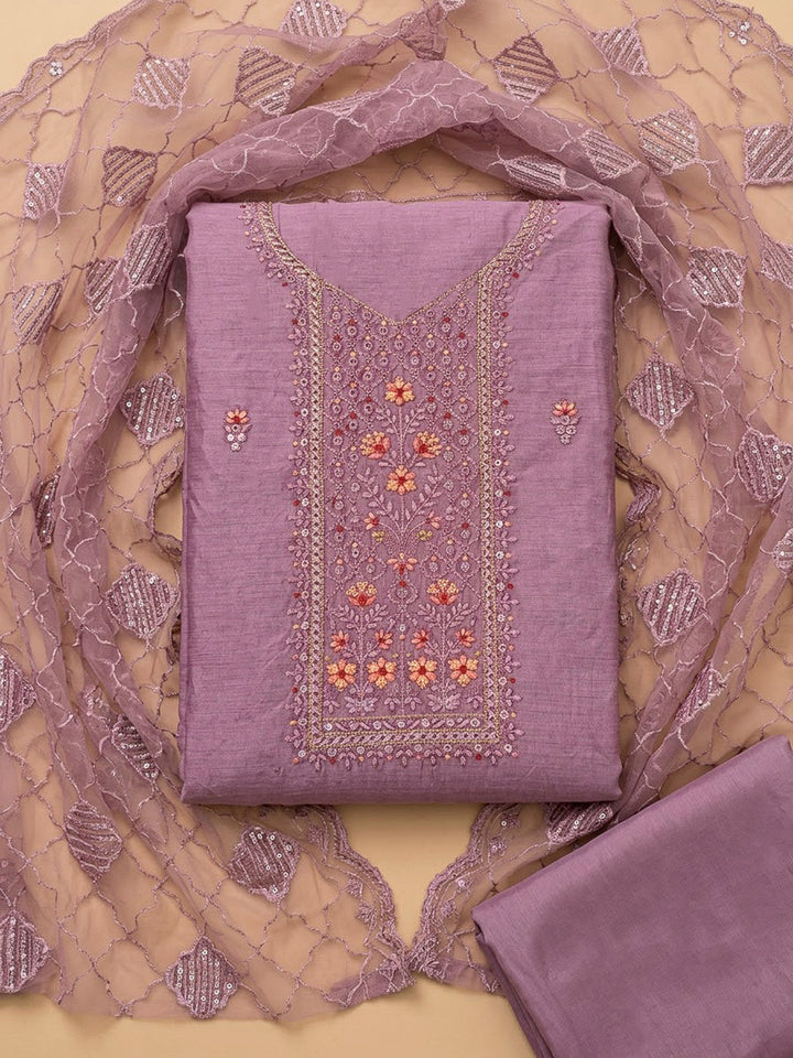 Lavender Chanderi Embroidered Unstitched Dress Material