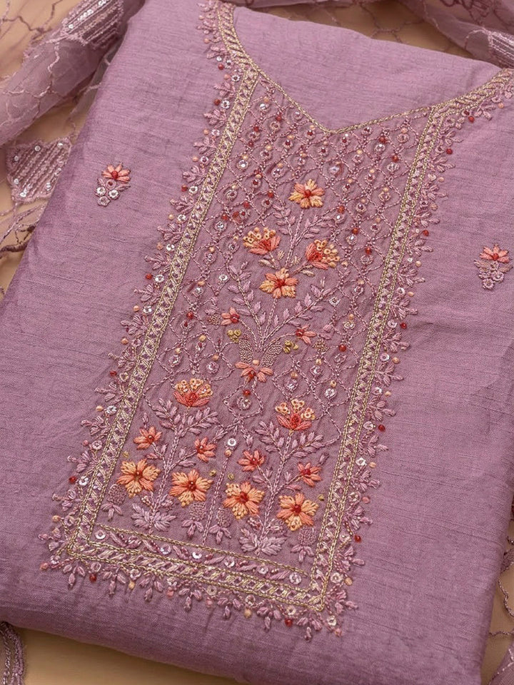 Lavender Chanderi Embroidered Unstitched Dress Material