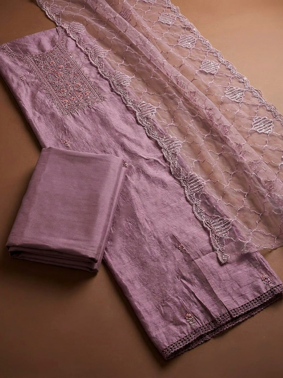 Lavender Chanderi Embroidered Unstitched Dress Material