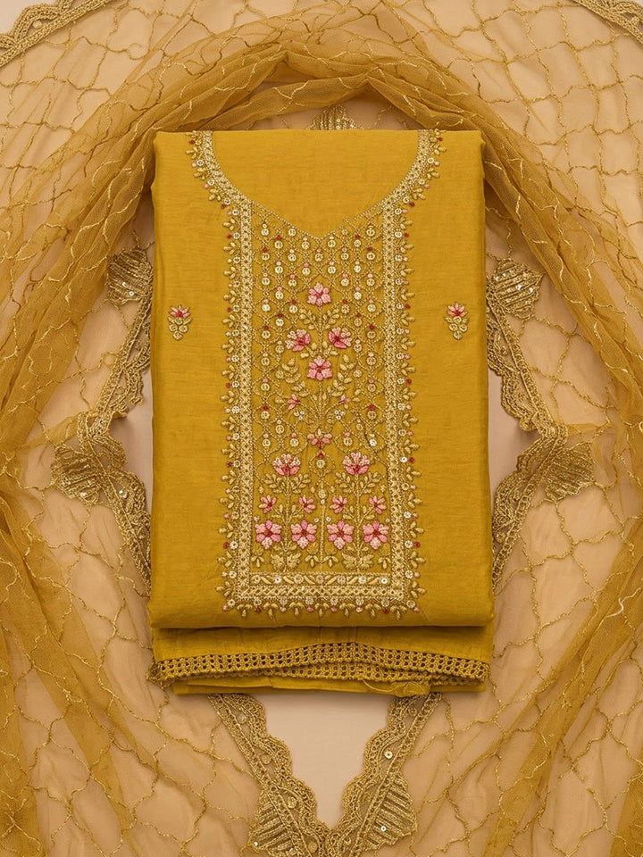 Mustard Chanderi Embroidered Unstitched Dress Material