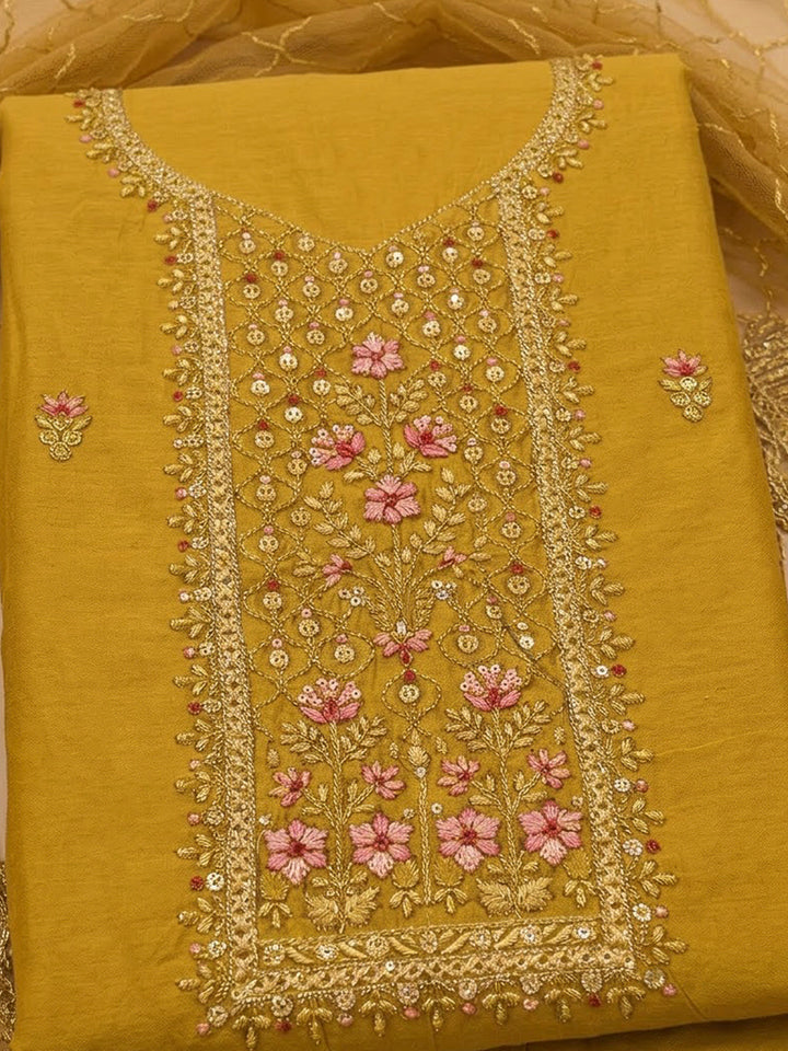 Mustard Chanderi Embroidered Unstitched Dress Material