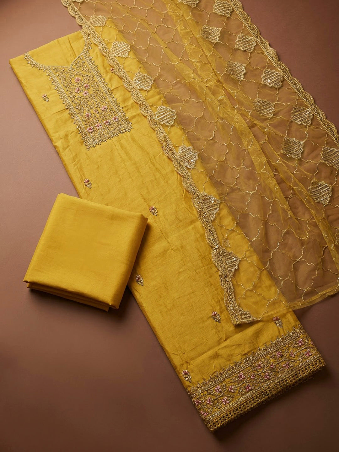 Mustard Chanderi Embroidered Unstitched Dress Material