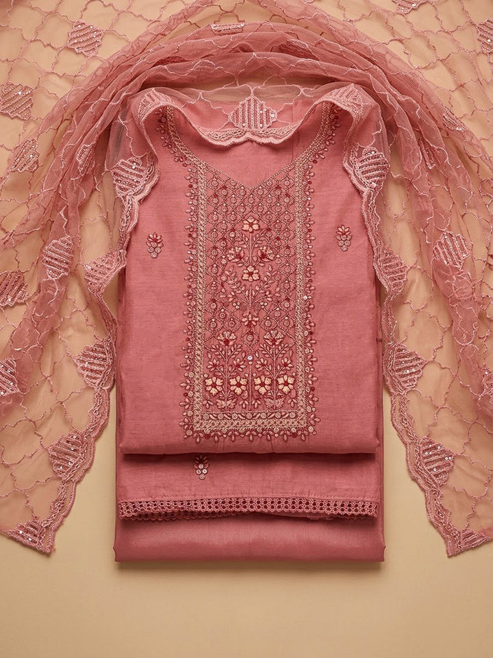 Onion Pink Chanderi Embroidered Unstitched Dress Material