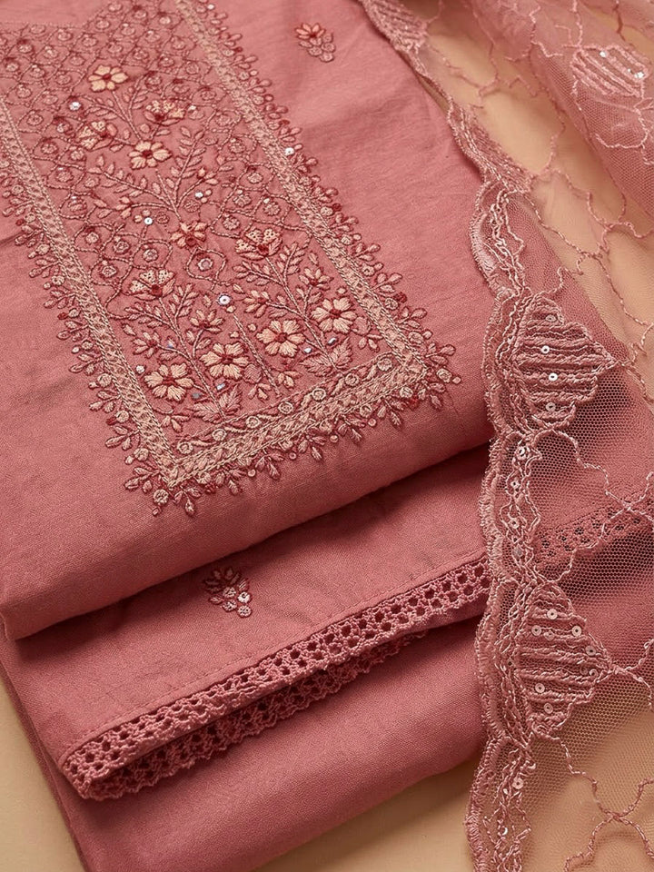 Onion Pink Chanderi Embroidered Unstitched Dress Material