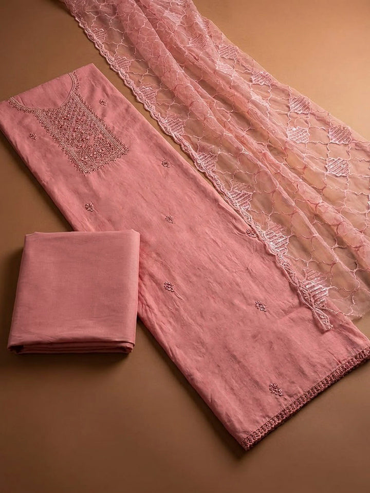 Onion Pink Chanderi Embroidered Unstitched Dress Material