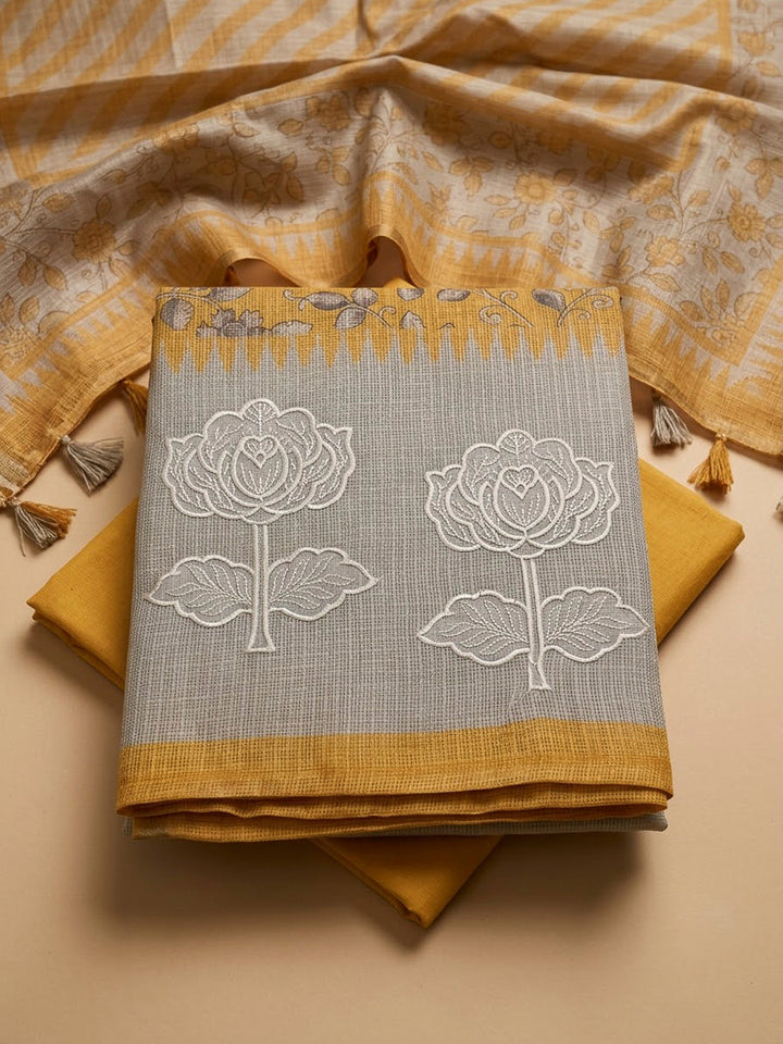Mustard Cotton Blend Printed Unstitched Dress Material