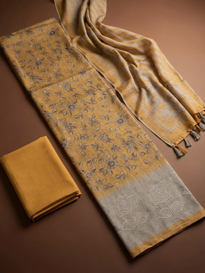 Mustard Cotton Blend Printed Unstitched Dress Material