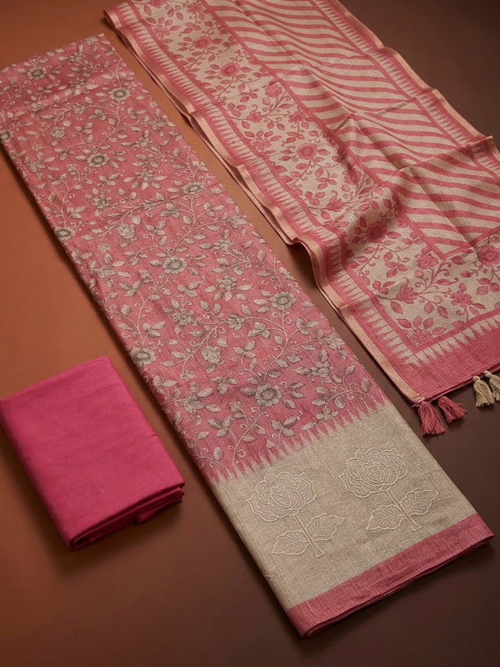 Onion Pink Cotton Blend Printed Unstitched Dress Material