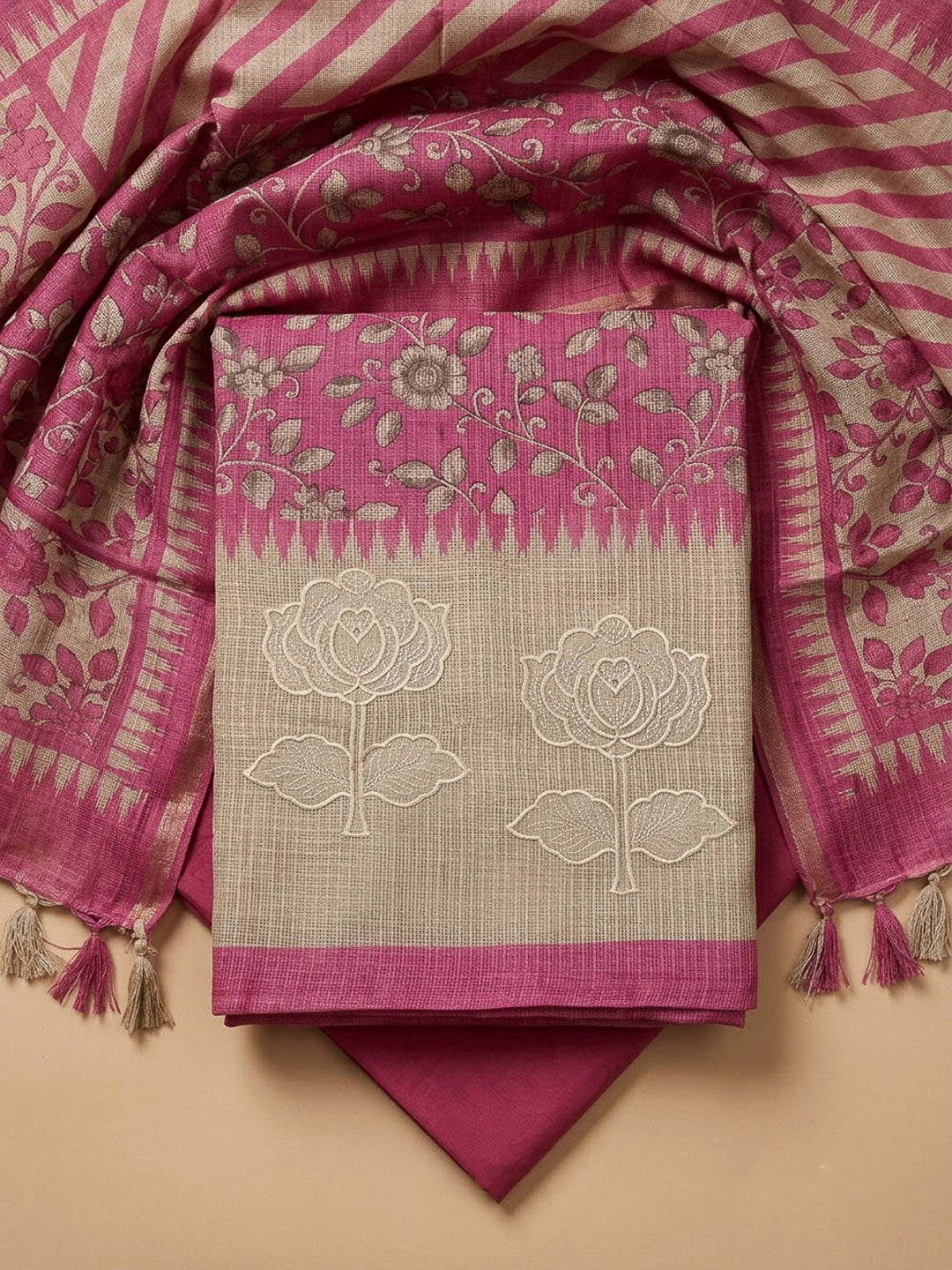 Pink Cotton Blend Printed Unstitched Dress Material