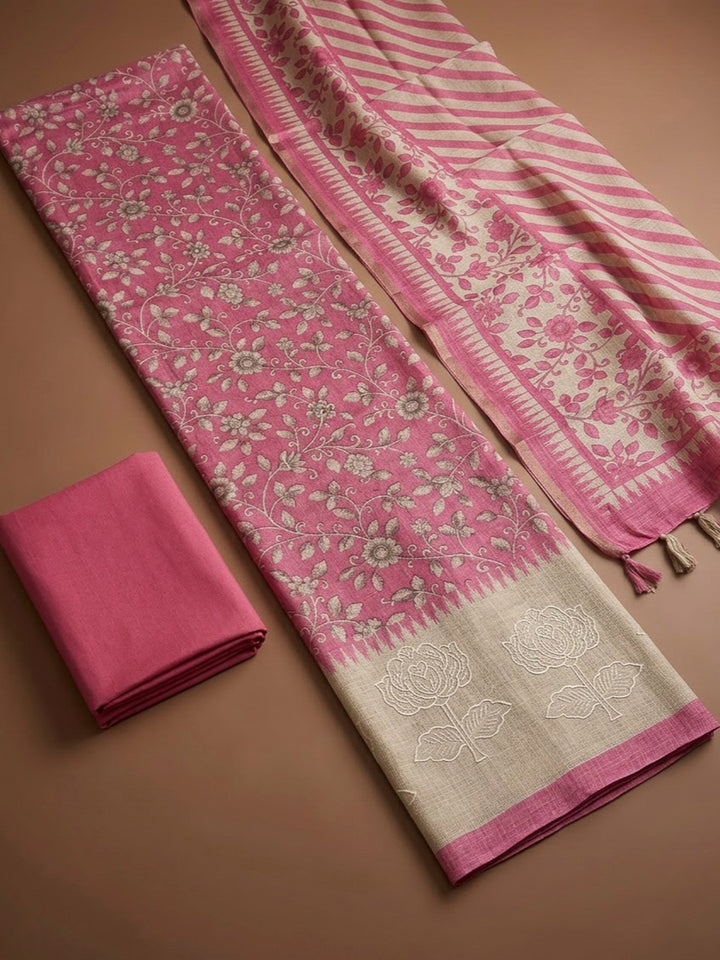 Pink Cotton Blend Printed Unstitched Dress Material