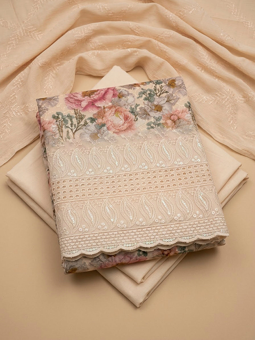 Beige Cotton Blend Printed Unstitched Dress Material