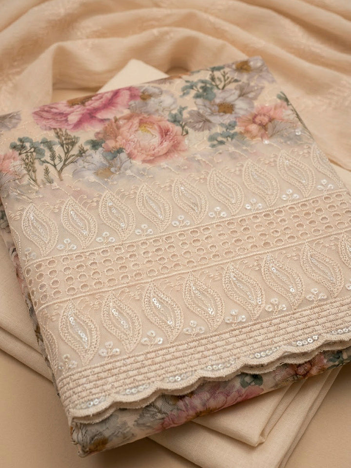 Beige Cotton Blend Printed Unstitched Dress Material
