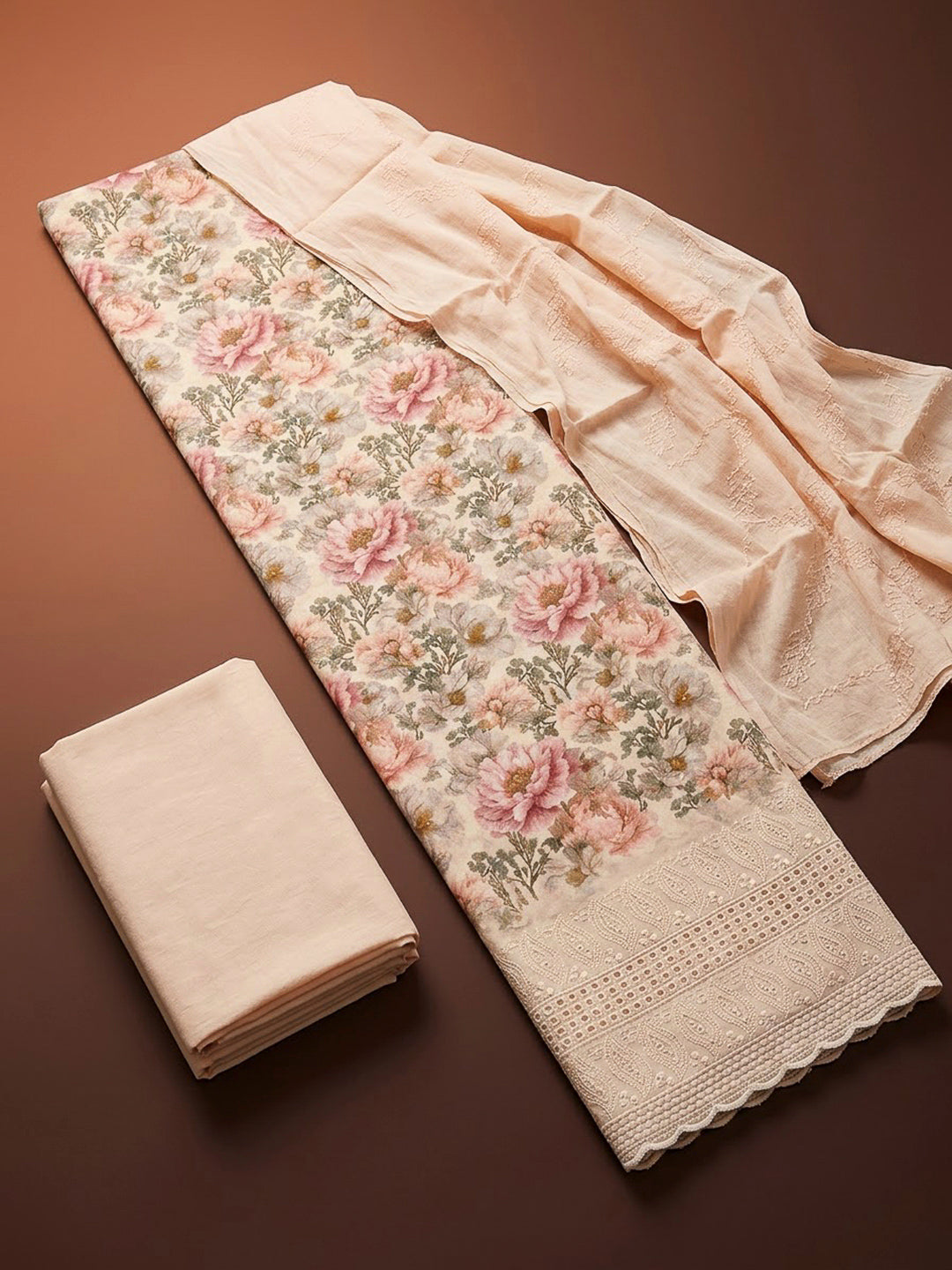 Beige Cotton Blend Printed Unstitched Dress Material