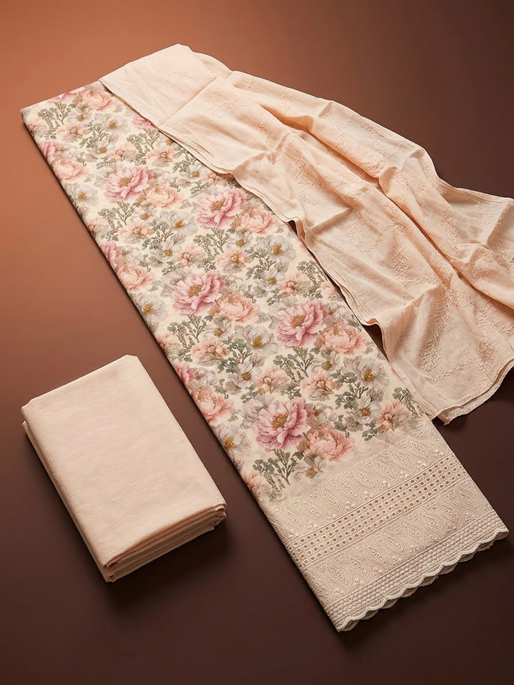 Beige Cotton Blend Printed Unstitched Dress Material