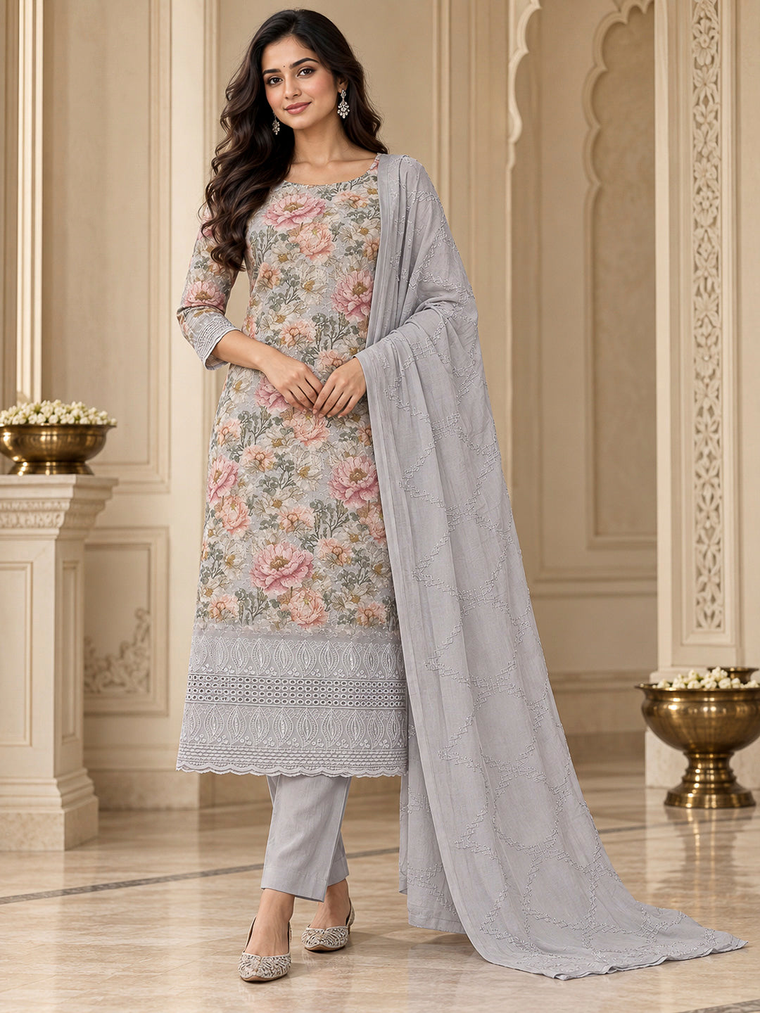 Grey Cotton Blend Printed Unstitched Dress Material