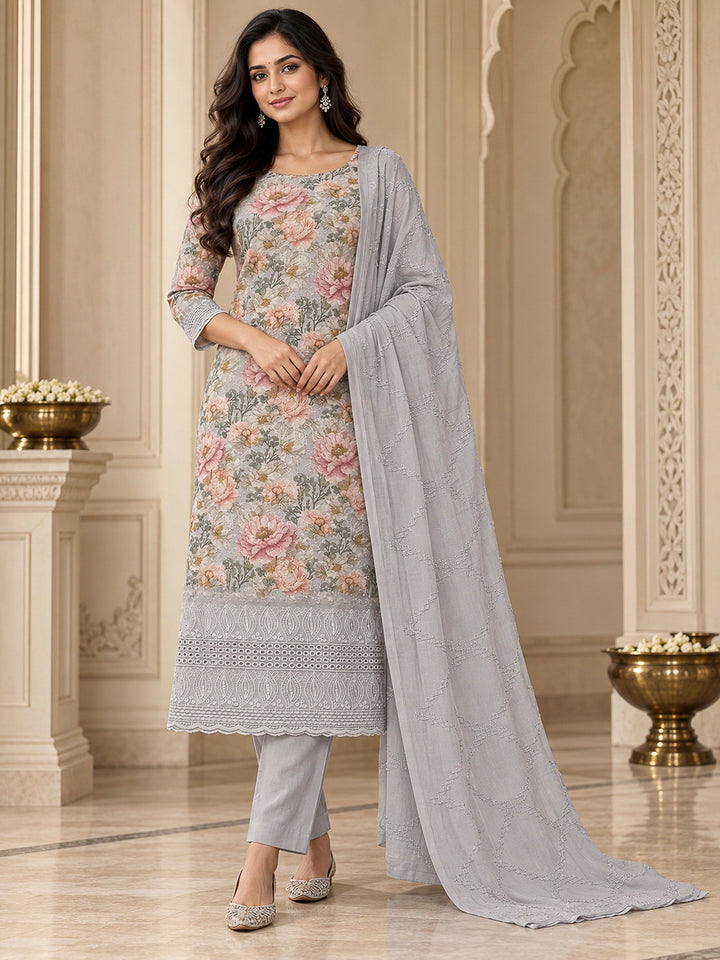 Grey Cotton Blend Printed Unstitched Dress Material