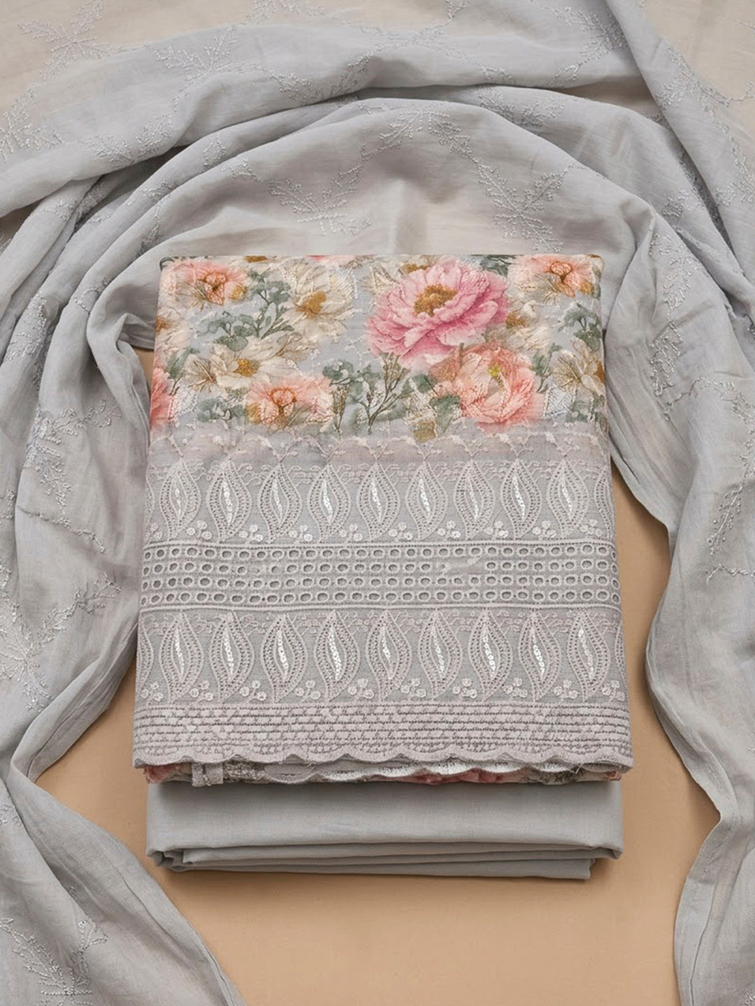 Grey Cotton Blend Printed Unstitched Dress Material