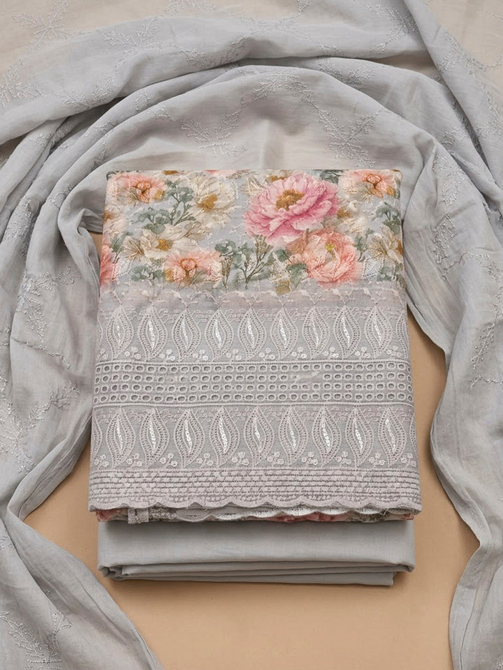 Grey Cotton Blend Printed Unstitched Dress Material