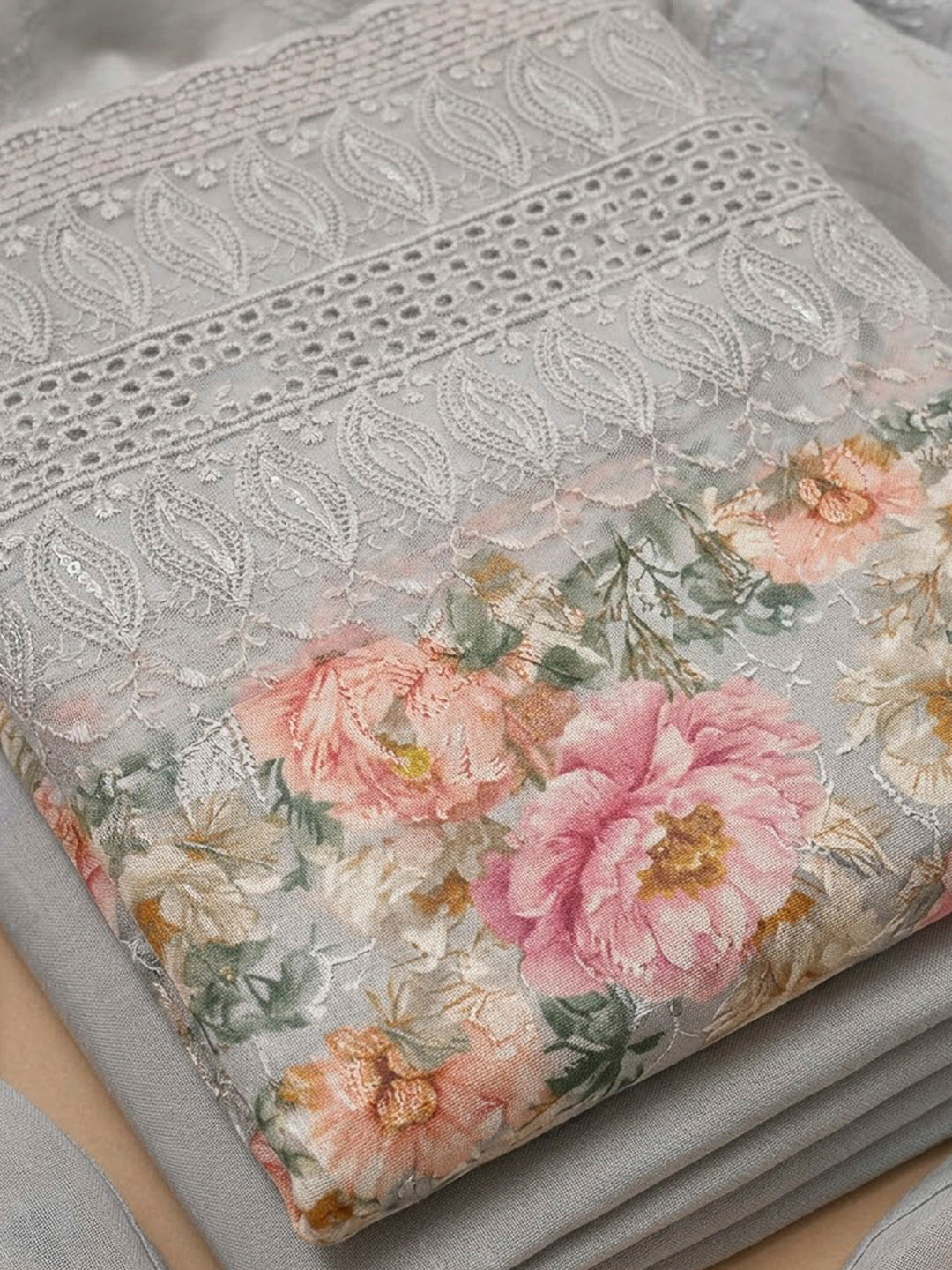 Grey Cotton Blend Printed Unstitched Dress Material