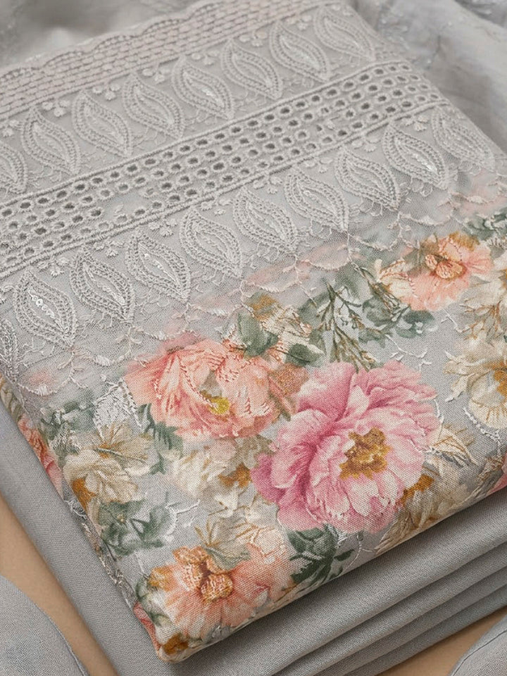 Grey Cotton Blend Printed Unstitched Dress Material