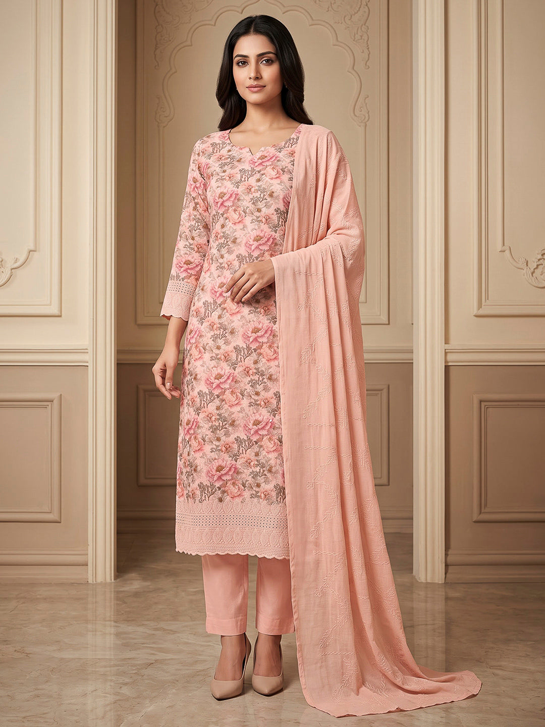 Peach Cotton Blend Printed Unstitched Dress Material
