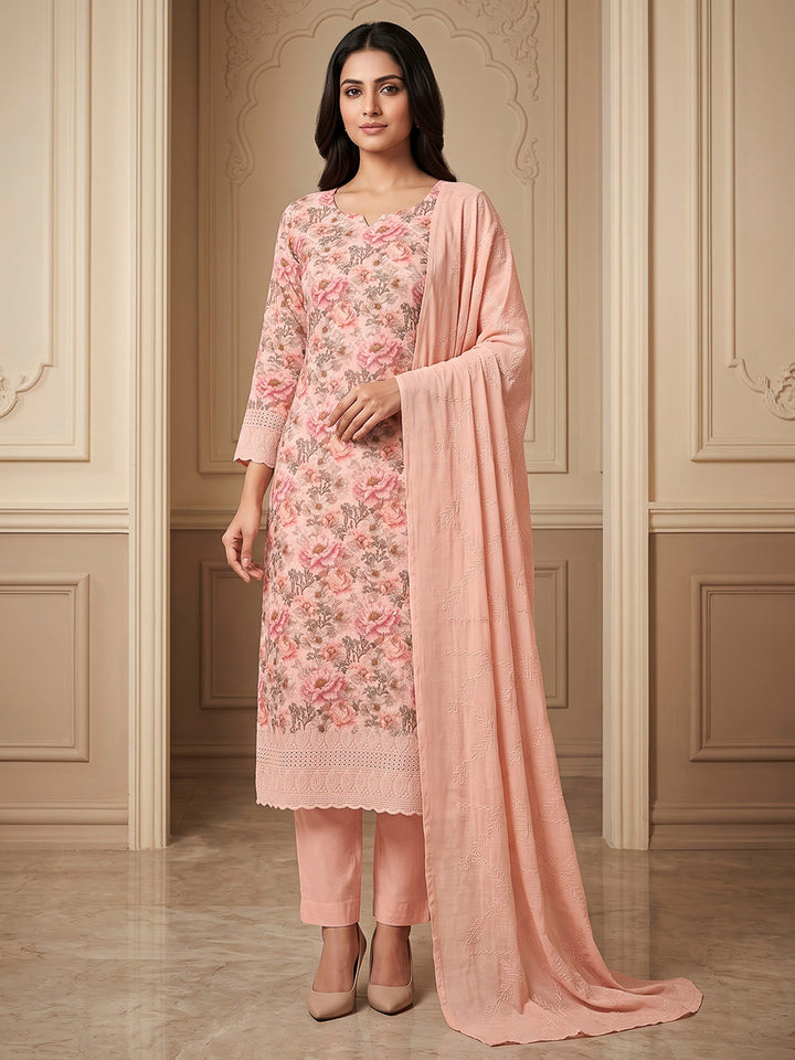 Peach Cotton Blend Printed Unstitched Dress Material