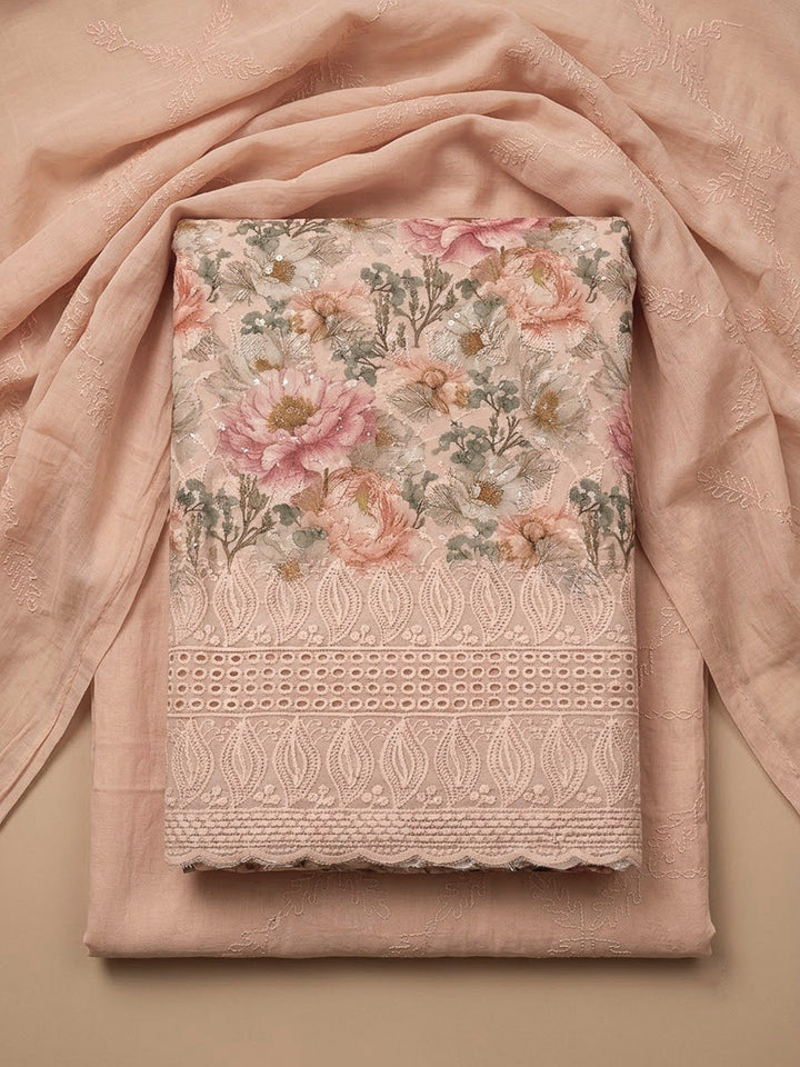 Peach Cotton Blend Printed Unstitched Dress Material